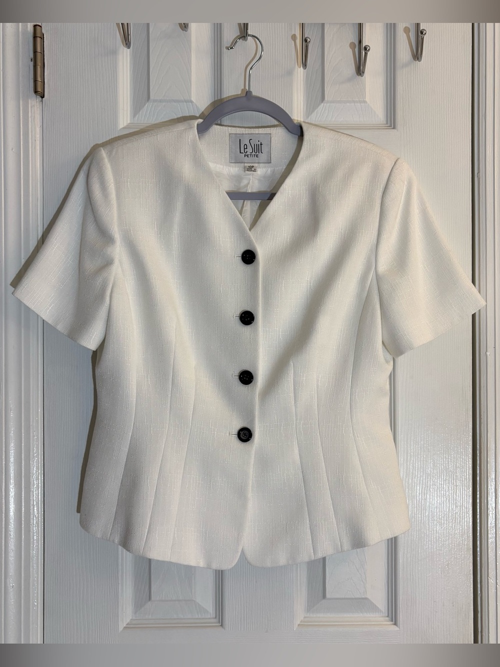 Vintage Le Suit Petite White Short Sleeve Button-Front Blazer Jacket Size 10P.